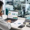 工場を見ながら原価管理ダッシュボードを確認する管理者