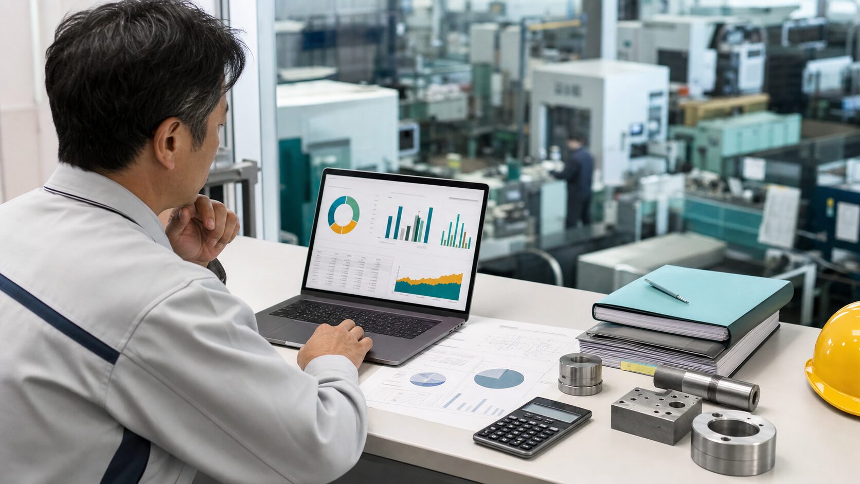工場を見ながら原価管理ダッシュボードを確認する管理者