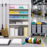 工場で整理された清掃用品と5S備品の保管ステーション