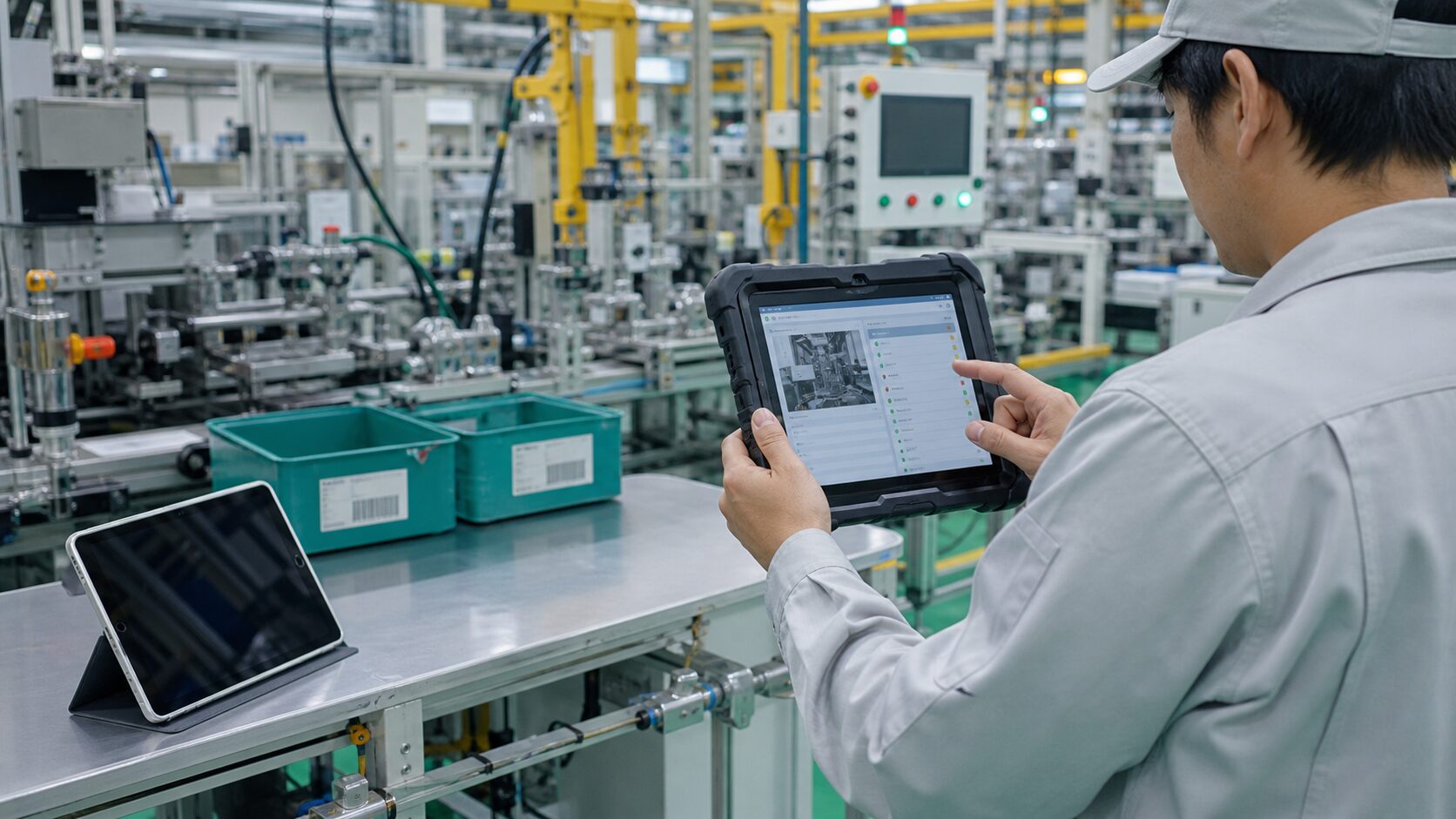 工場現場で堅牢タブレットを使い点検情報を確認する作業者
