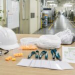 工場見学者向けのヘルメット、保護メガネ、安全靴、名札のセット