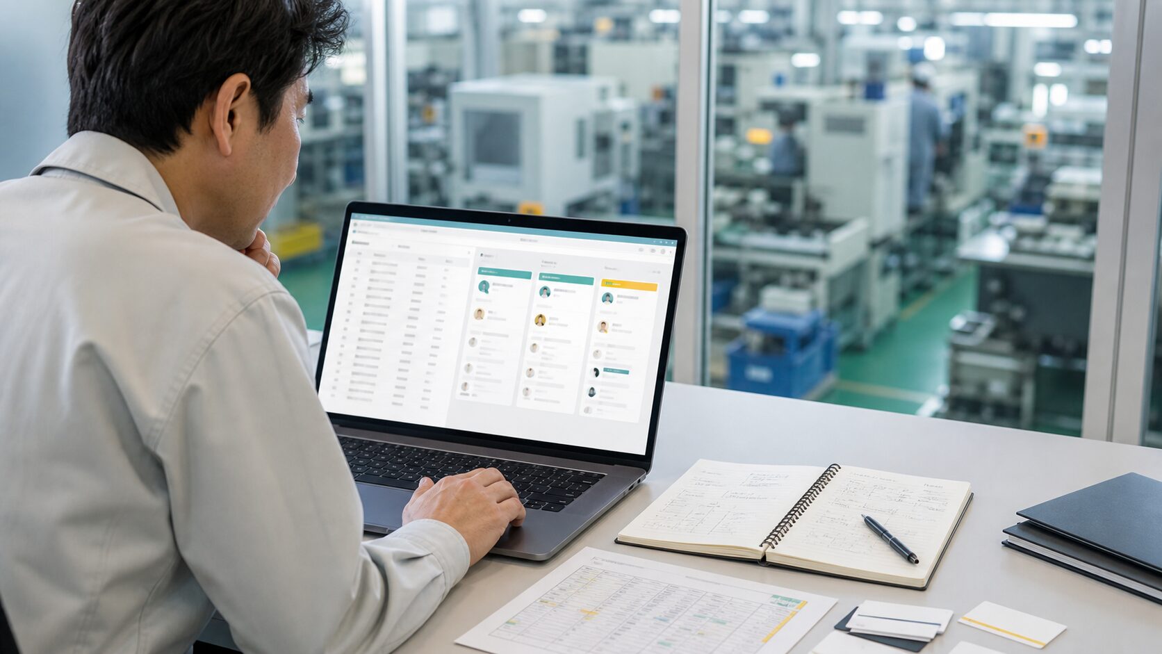 工場を背景に営業リストとCRM画面を確認する製造業の担当者