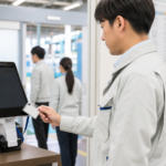 工場入口で勤怠管理端末を使う生成画像