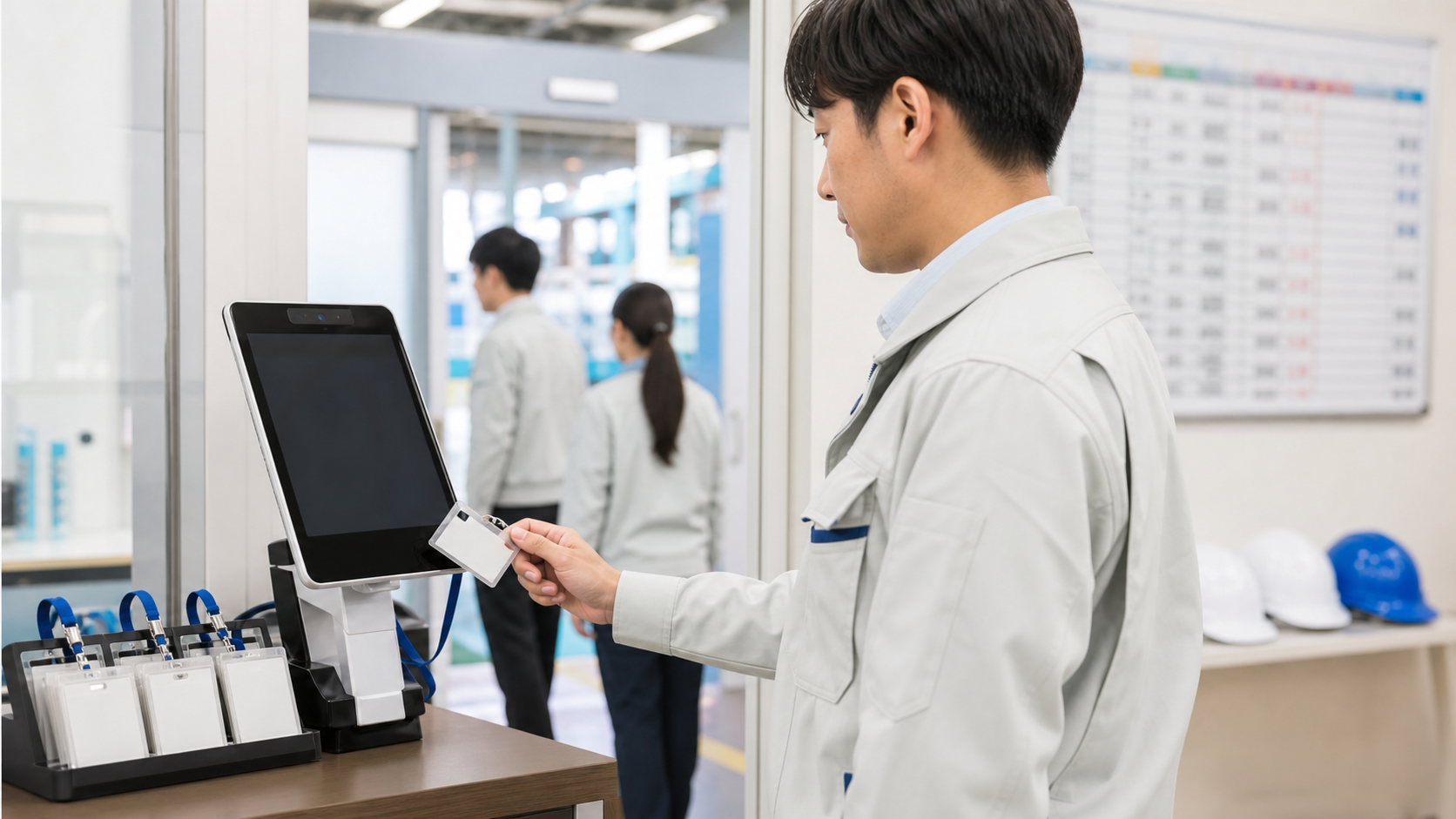 工場入口で勤怠管理端末を使う生成画像