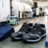 製造現場の作業台に置かれた安全靴と作業服の生成画像