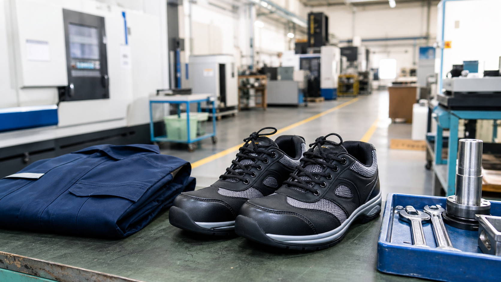 製造現場の作業台に置かれた安全靴と作業服の生成画像