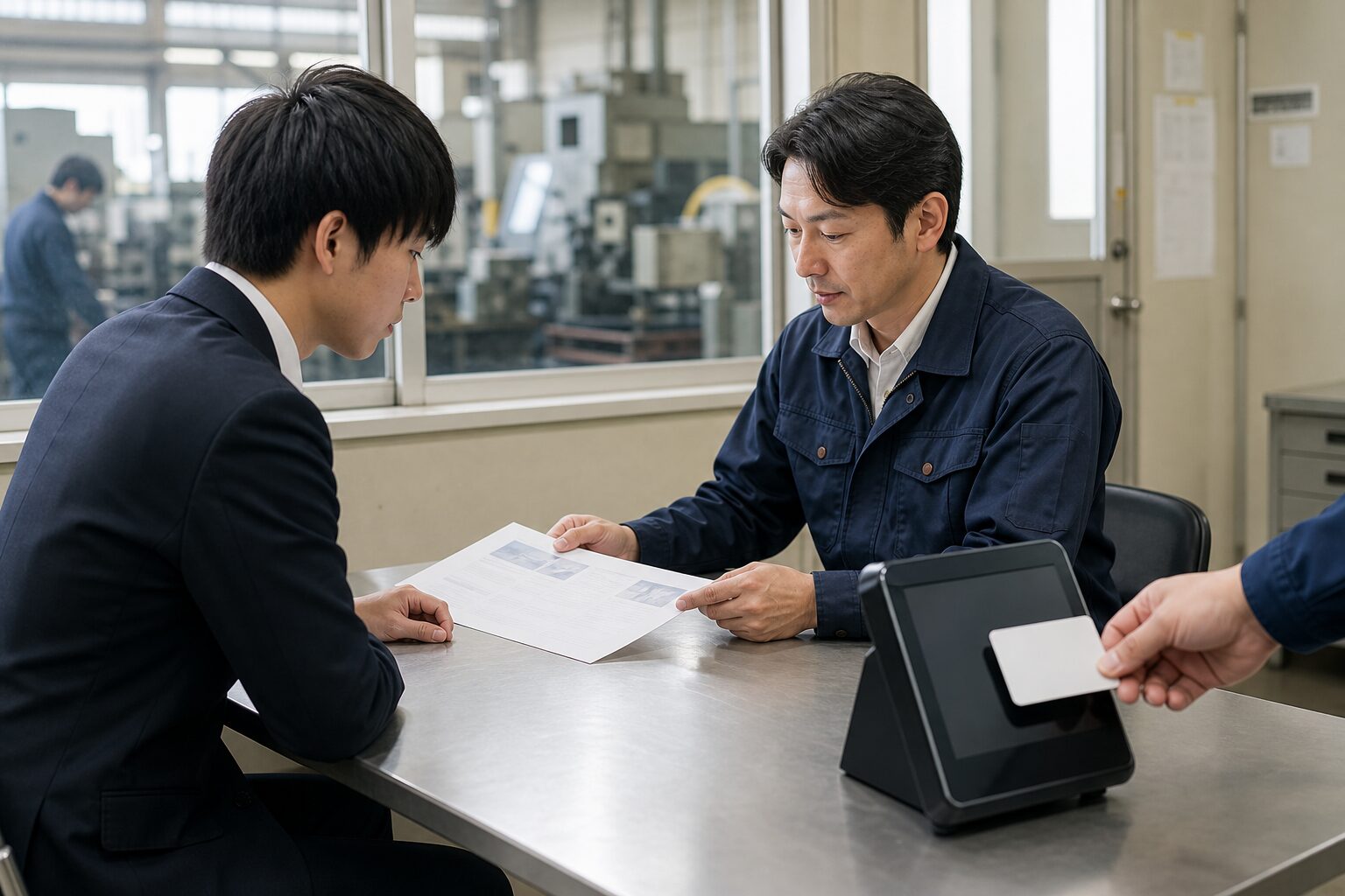 製造業の採用面談と工場入口のICカード打刻端末