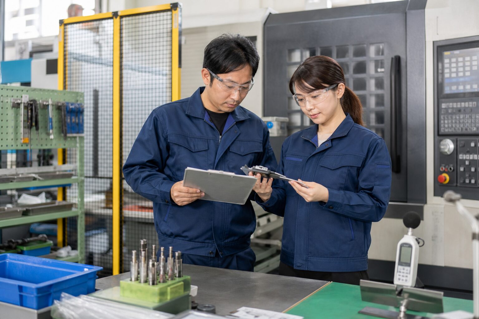 保護具を着用した作業者が検査記録と測定器を確認する工場