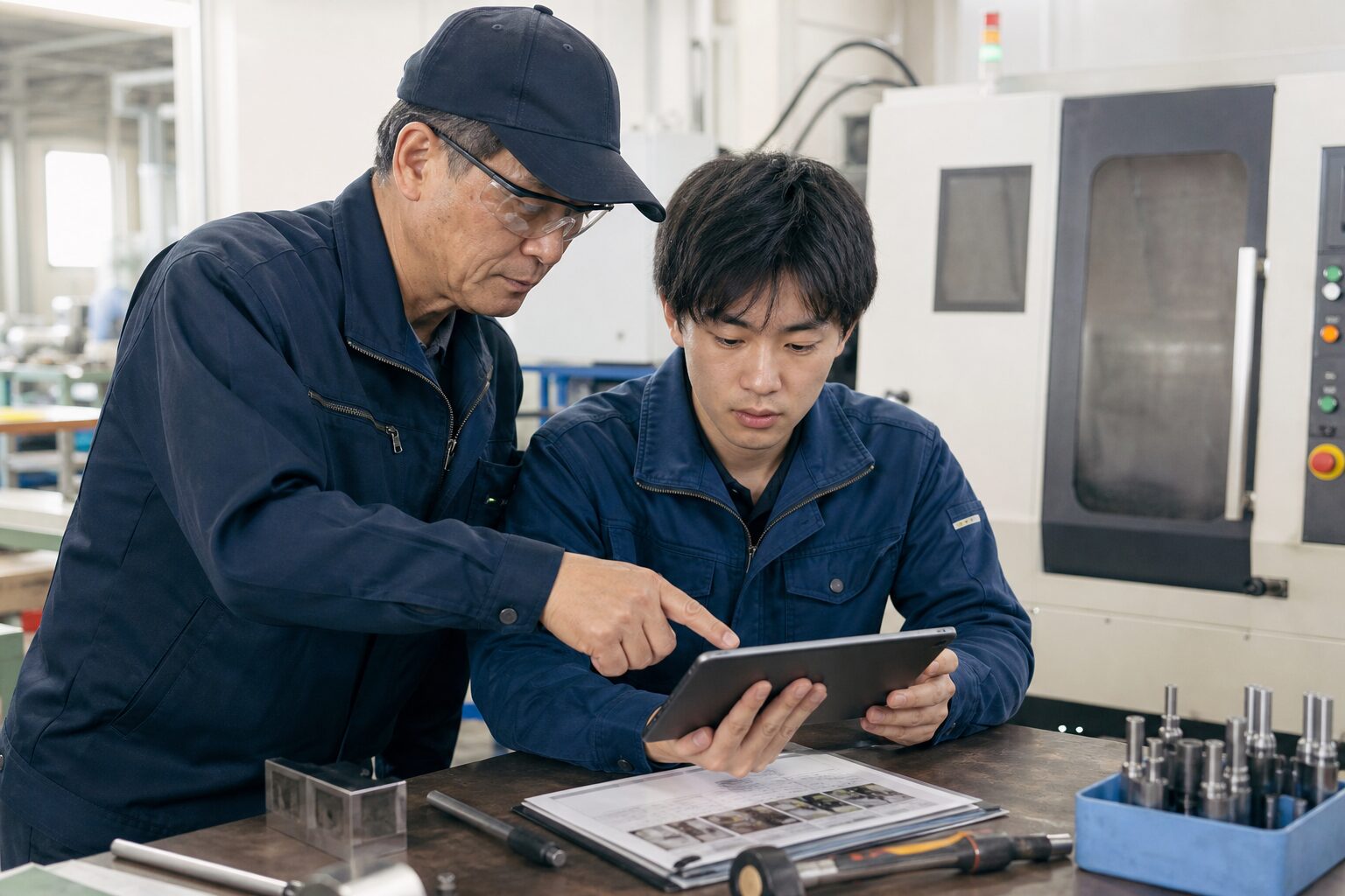 工場で先輩作業者が若手へタブレットを使って作業を教える様子